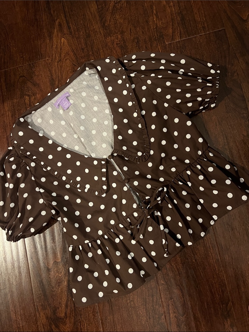 Polka Dot Tie-Front Peplum Blouse - Brown/White